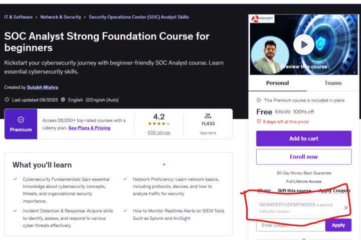 free udemy coupon - SOC course.