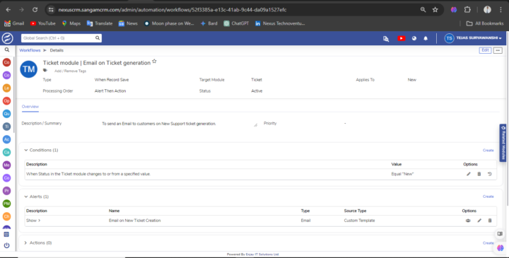 Workflow | To send auto Email on new ticket generation is not working