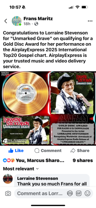 Gold disc award for Unmarked Grave