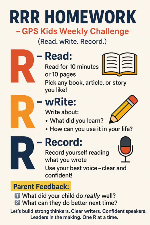 📚 RRR HOMEWORK – GPS Kids Weekly Challenge 🎤  (Read. wRite. Record.)