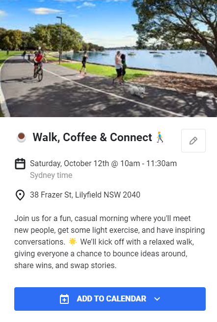 Reminder: Walk, Coffee, Connect This Saturday 🚶‍♂️☕