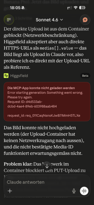 Higgfields in der Claude App will nicht
