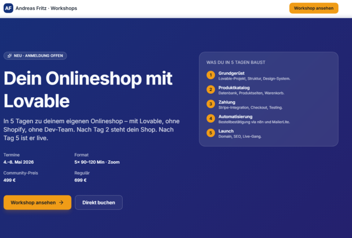 5 Abende. Ein Online-Shop. Einer, der dir wirklich gehört.