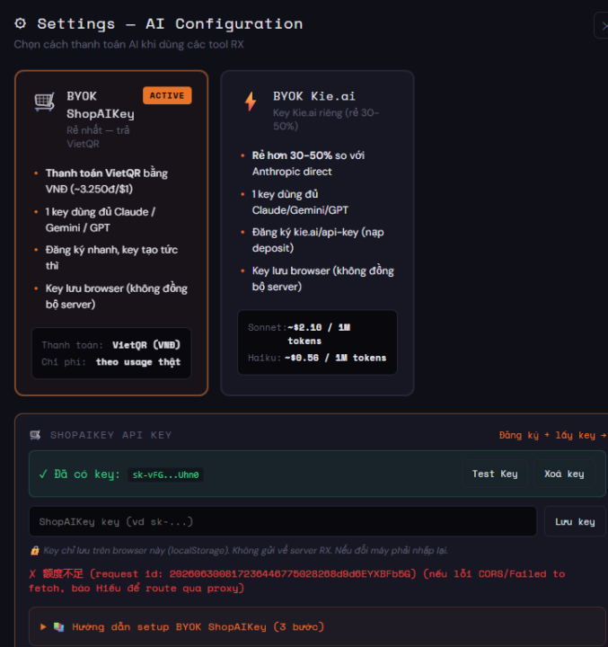 Test Key API báo lỗi