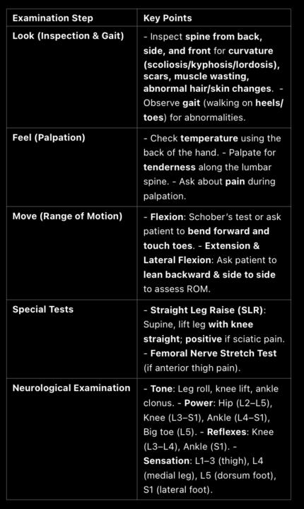 Spine Examination Summary 