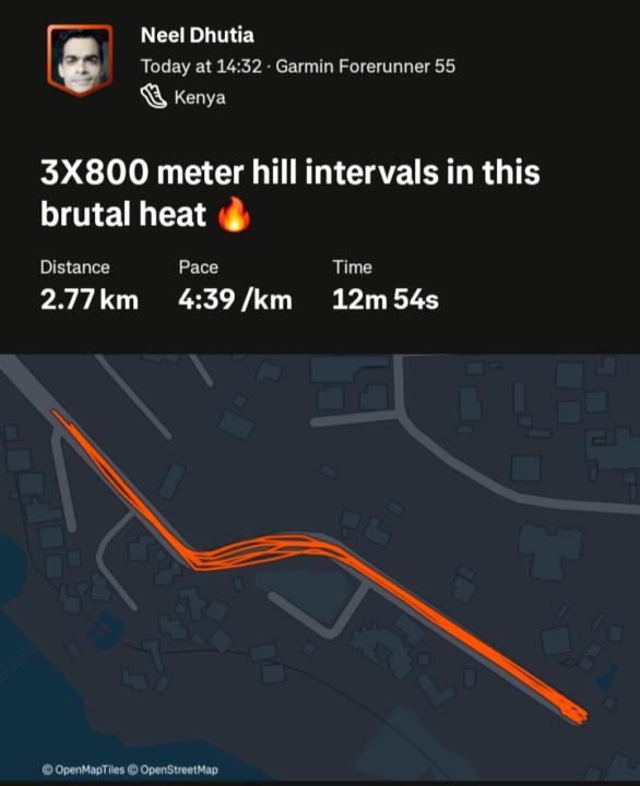 3X800 meters intervals + hill sprints 