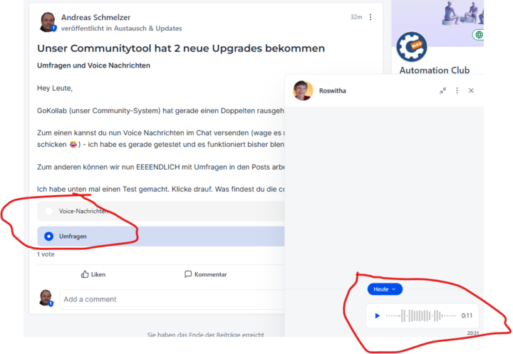 Umfragen und Voice Nachrichten in unserem Communitytool von automation.studio