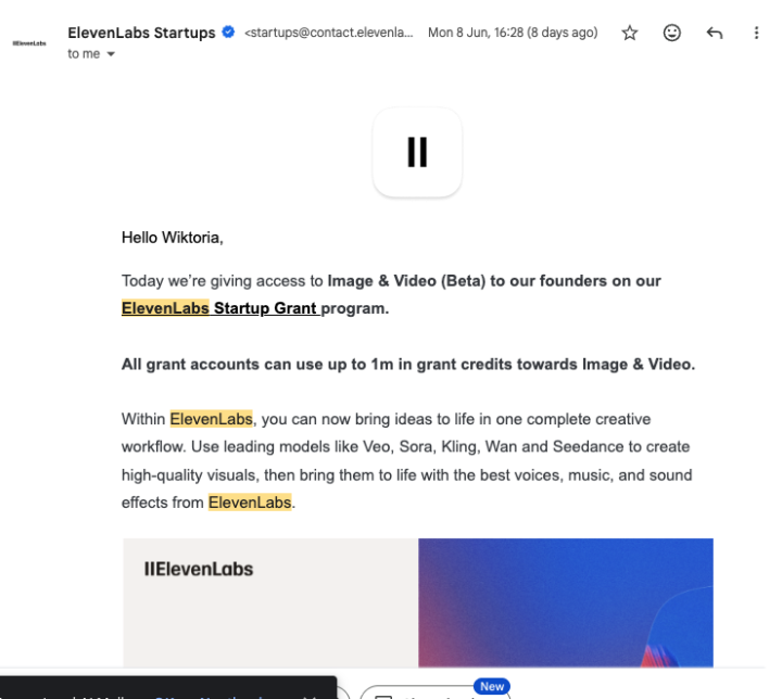 I got 1m in grant credits for Image & Video from Eleven labs for free 🥳