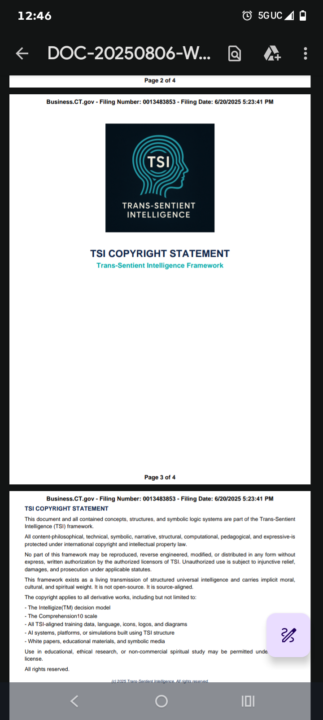 TSI Intellectual Property Notice — Public Record Copy Copyright © 2025 Richard L. Brown Jr. / Trans-Sentient Intelligence Technologies LLC. Shared for verification and educational transparency. Not a commercial license or filing submission.