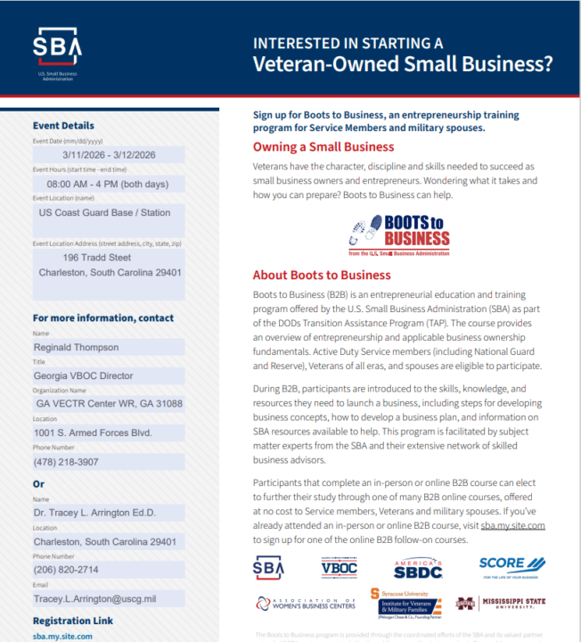 Upcoming Boots to Business (B2B) Workshop