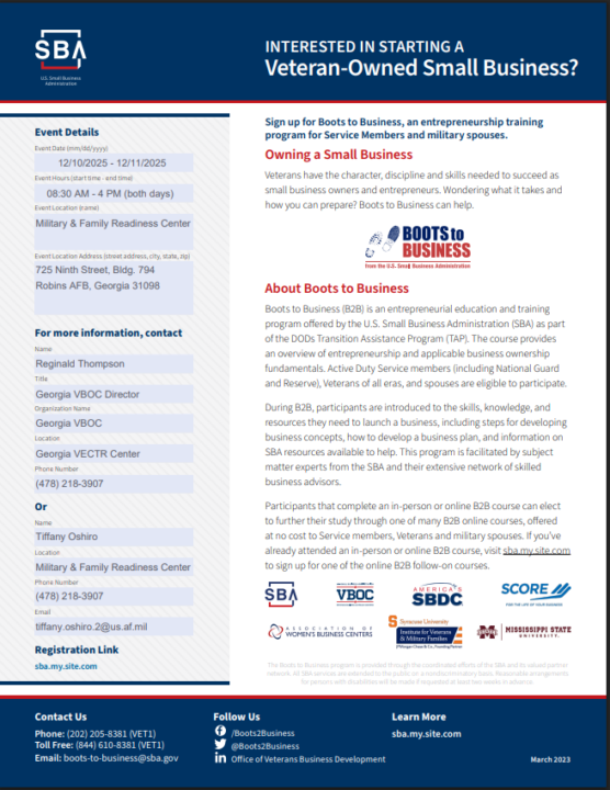 Upcoming Boots to Business (B2B) Workshop