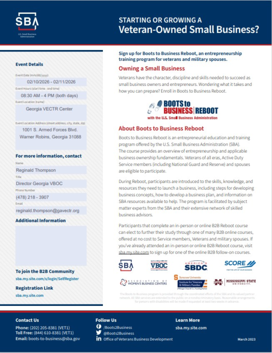 Upcoming Boots to Business (B2B) -Reboot Workshop