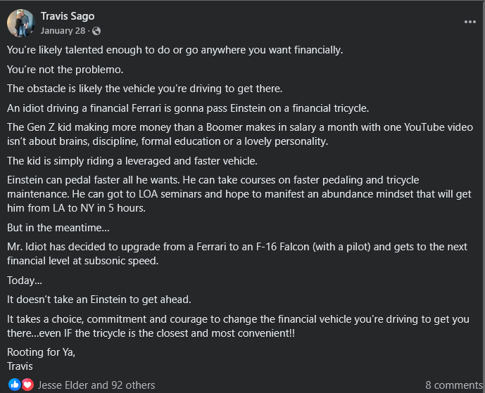 The Travis post that made me realize I was on a financial tricycle...