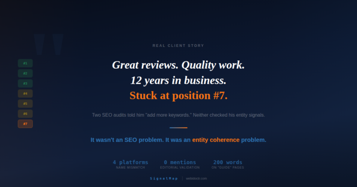 He had great reviews and 12 years in business. Stuck at position #7. Here's what two SEO audits missed.