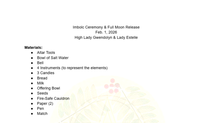 Materials for Imbolc Ceremony