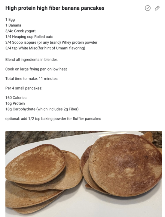 High protein, high(ish) fiber banana pancakes