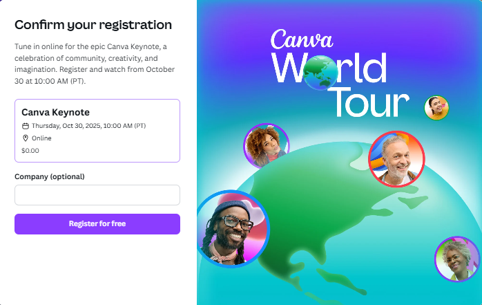 "Canva Keynote" is happening at 1pm EST