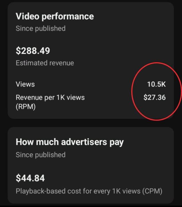 10.5K views → $288.49 revenue with a $27.36 RPM 🔥