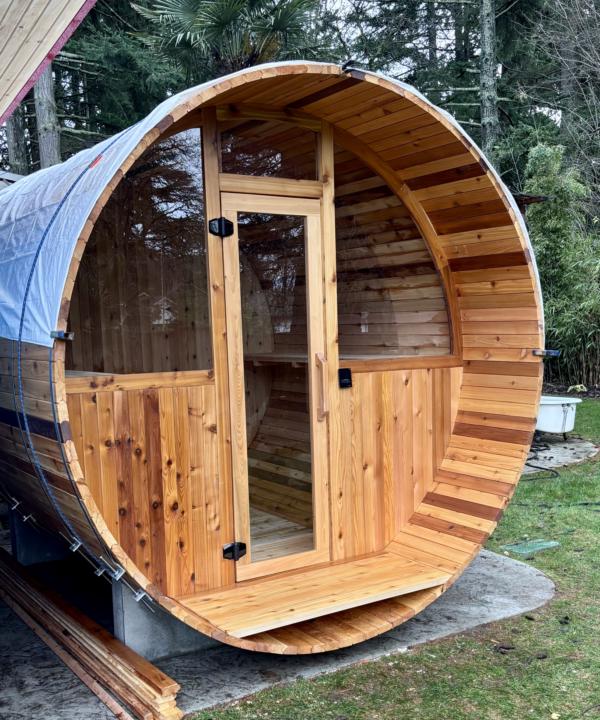 Custom 9’ barrel sauna with dual heat source