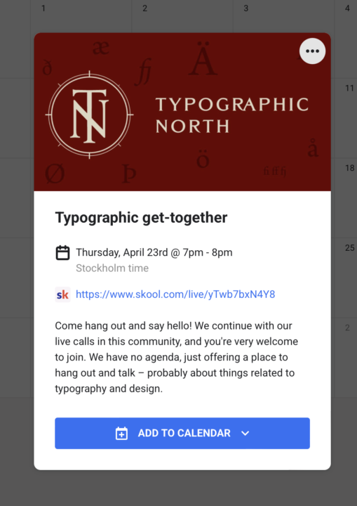 Typographic get-togethers now in the calendar for April and May