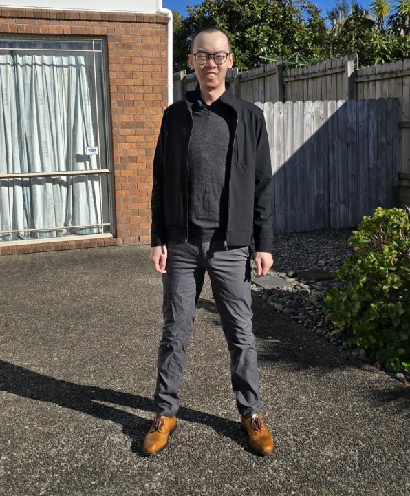 Black jacket with tan shoes