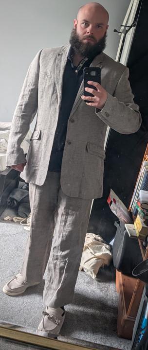 Grey linen suit with polo shirt
