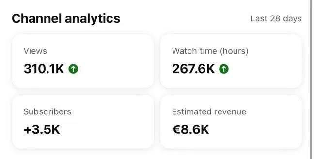 310K Views, 3.5K Subscribers, €8.6K Earned in 28 Days”
