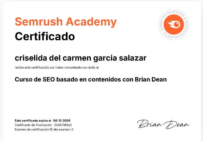 ¡Certificación Obtenida! SEO Basado en Contenidos (Semrush Academy)