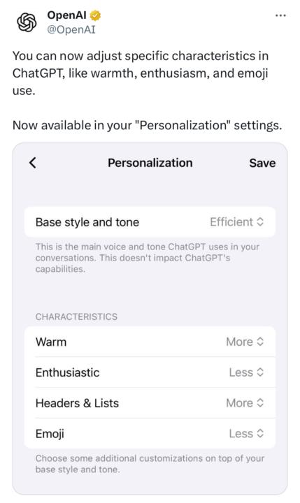 ChatGPT adds tone personalization