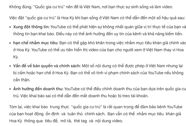 Để quốc gia cư trú là Hoa Kỳ tại "Thông tin cơ bản" của kênh có bị gì không?