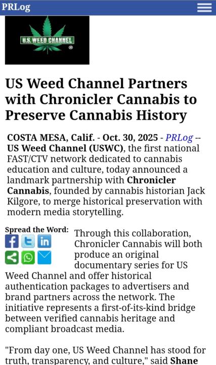 BREAKING NEWS: US Weed Channel Partners with Chronicler Cannabis to Preserve History