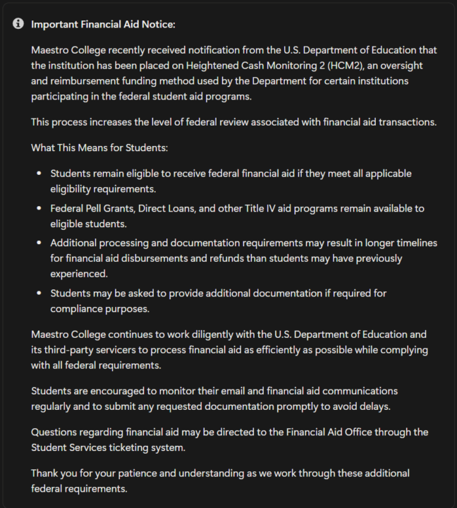 Important Financial Aid Notice added to Information Center?
