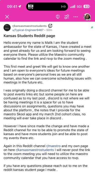 Kansas students Reddit page for ambassador 