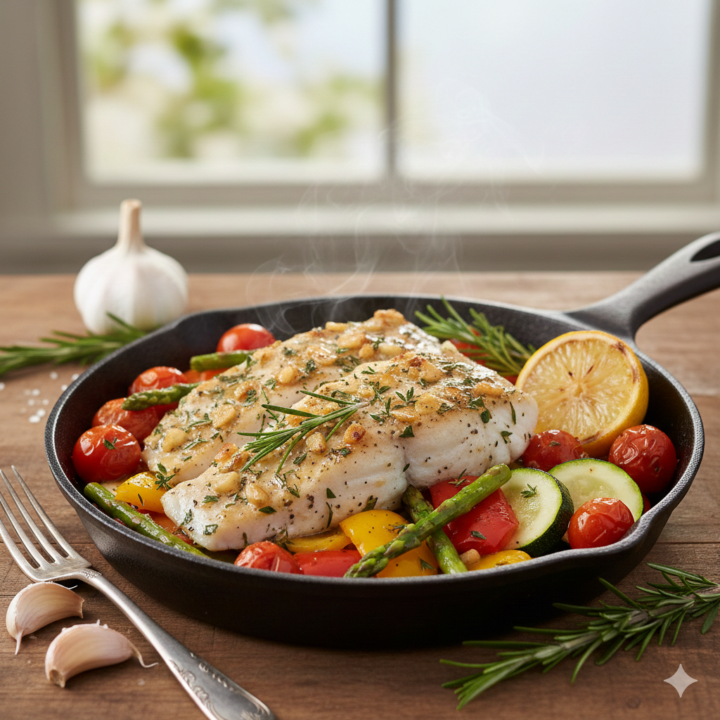 🐟 Today’s Reset Meal: Garlic Herb Pan-Seared Fish with Veggies
