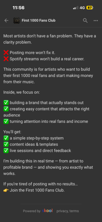 About Page for the 'First 1000 Fans Club'