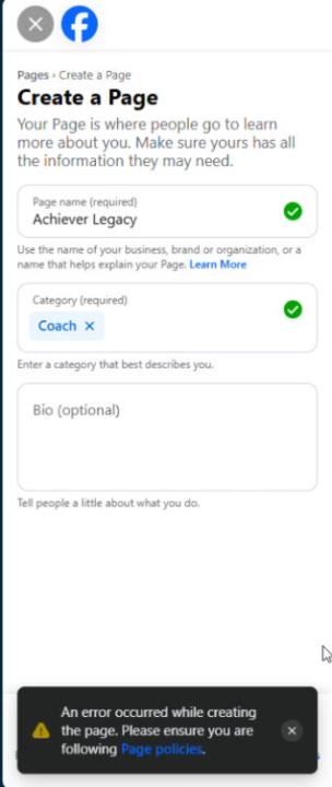 Facebook- Create a Page Error
