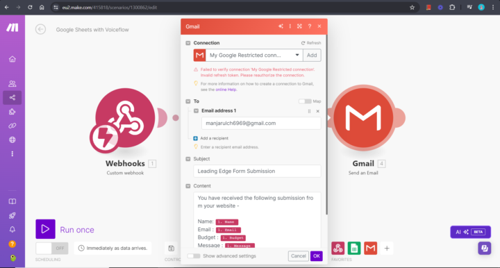Gmail integration issue on Make