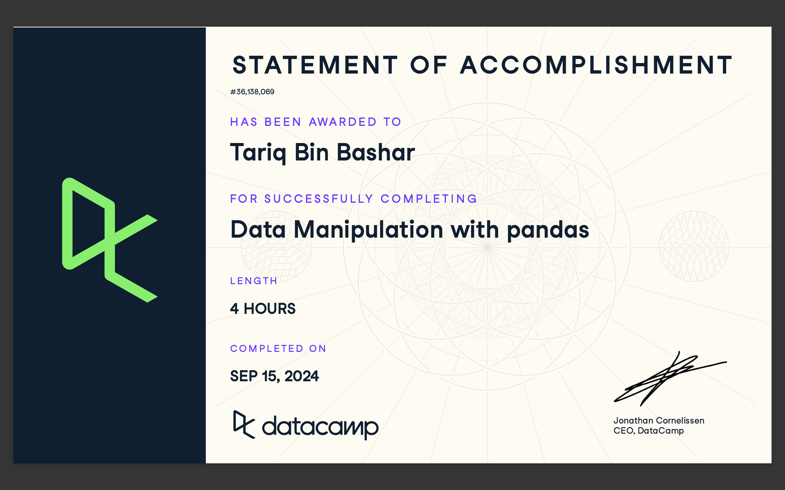 Completed 'Data Manipulation with Pandas' course on DataCamp · Brendan