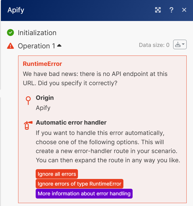 I am trying to make an automation , everything works fine but when i connect apify to make.com , this error is shown , does anyone have a solution to this? i would be very helpful if you can provide me solution to it 