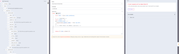 how to extract conversation from n8n get trascript fireflies node