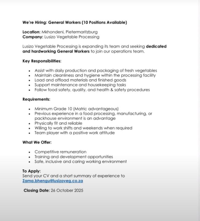 🚨 JOB OPPORTUNITY – GENERAL WORKERS NEEDED (10 POSITIONS) 🚨