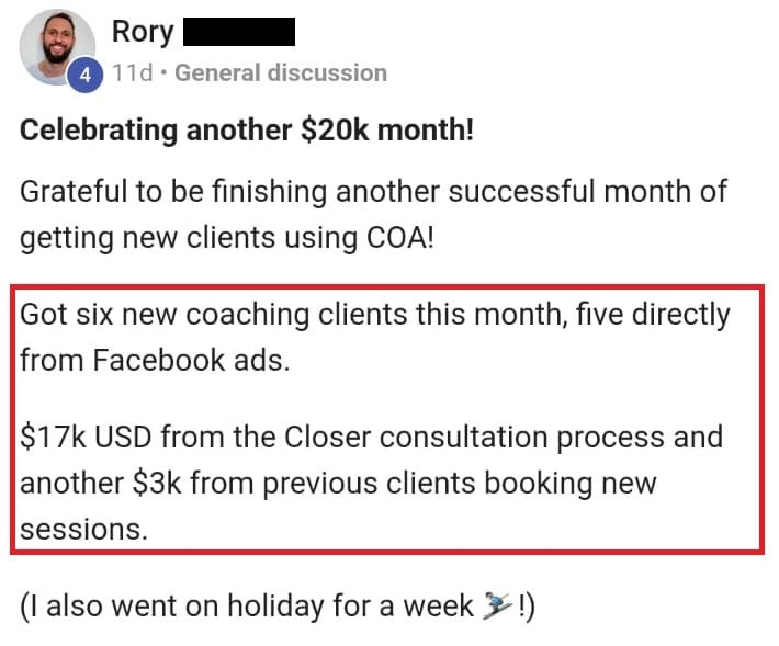 How coach Rory made $20k last month