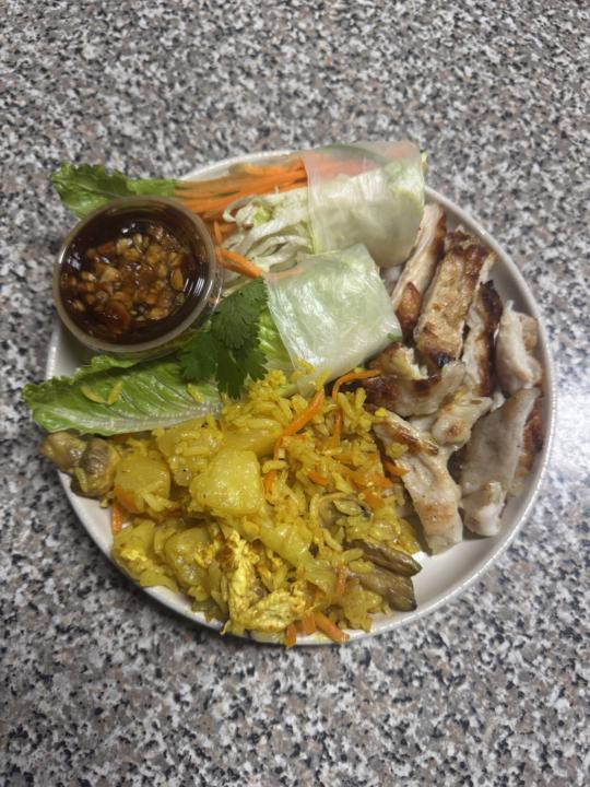 Pineapple Fried Rice, Grilled Chicken, & Veggie Rolls!