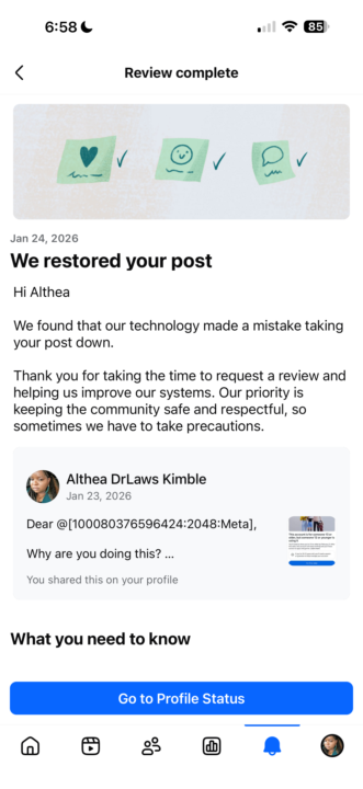 I'm Back, I am reinstated on Facebook. 