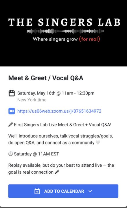 FIRST live Singers Lab Meet & Greet + Vocal Q&A THIS Saturday 🤍