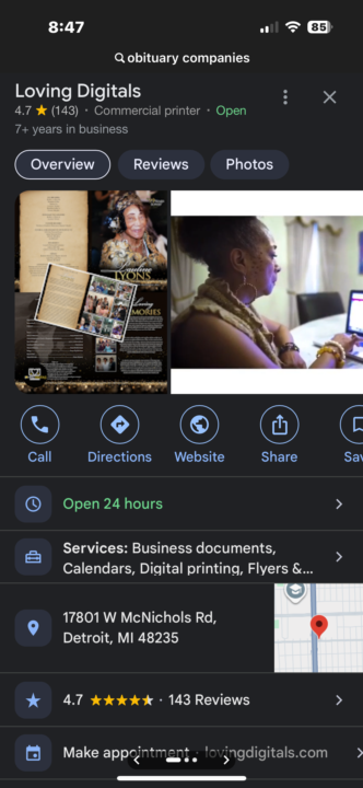 I did a google search on obituary companies and clicked on Loving Digitals and my grandmother’s obituary was the first to pop up. 🥹🥹🥹🥰