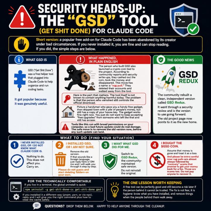 **Security heads-up: the "GSD" tool (Get Shit Done) for Claude Code**