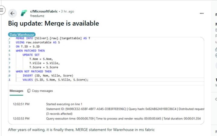 Finally, MERGE Statement Will Be Supported in Fabric DW
