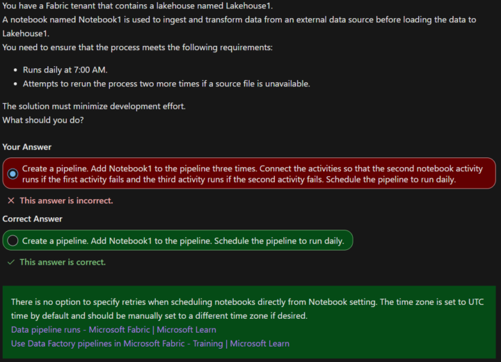 DP-600 practice assessment question about pipeline scheduling