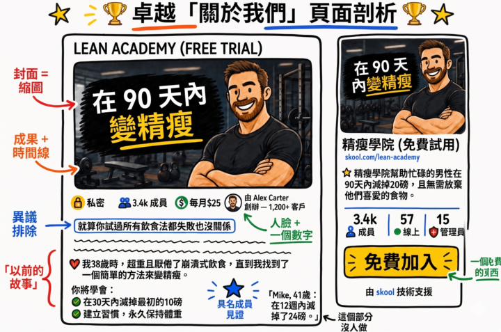 他分析了Skool排名前100大熱門群的「介紹頁面About」